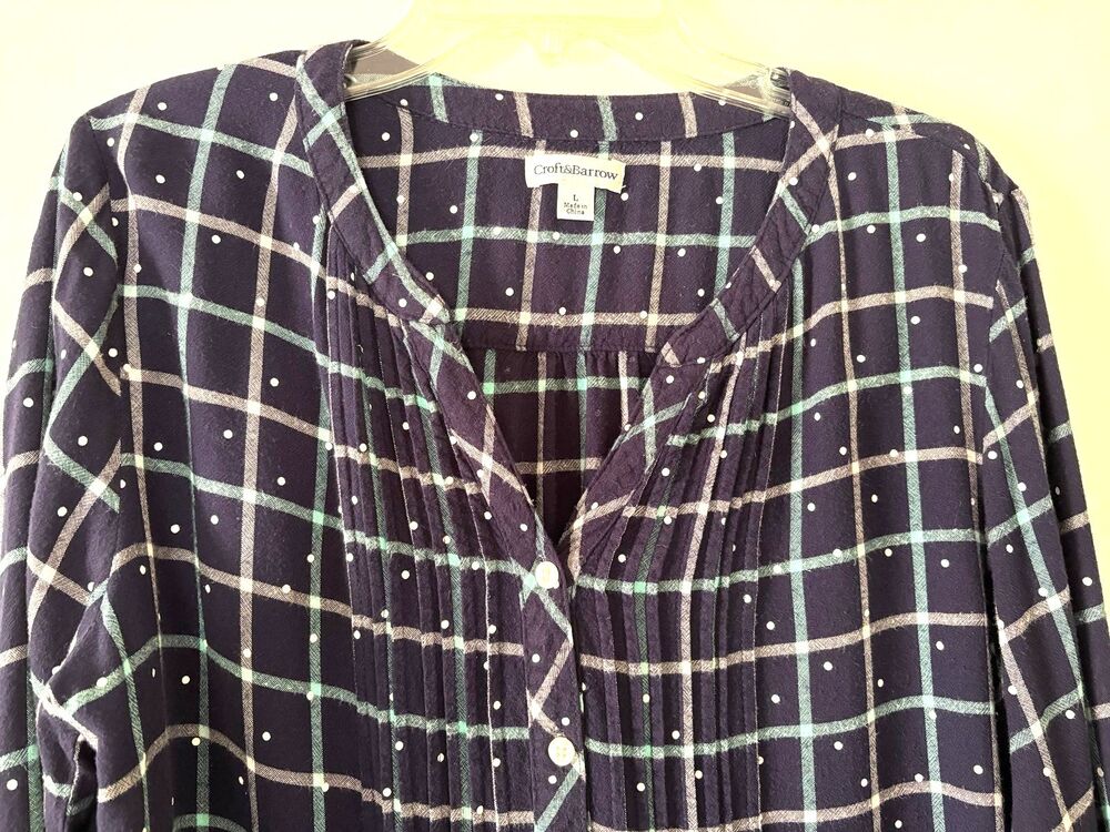 Navy Plaid Tunic Blouse Cozy L Barnyard Farmhouse Cottage Dainty Croft Barrow - Picture 4 of 8